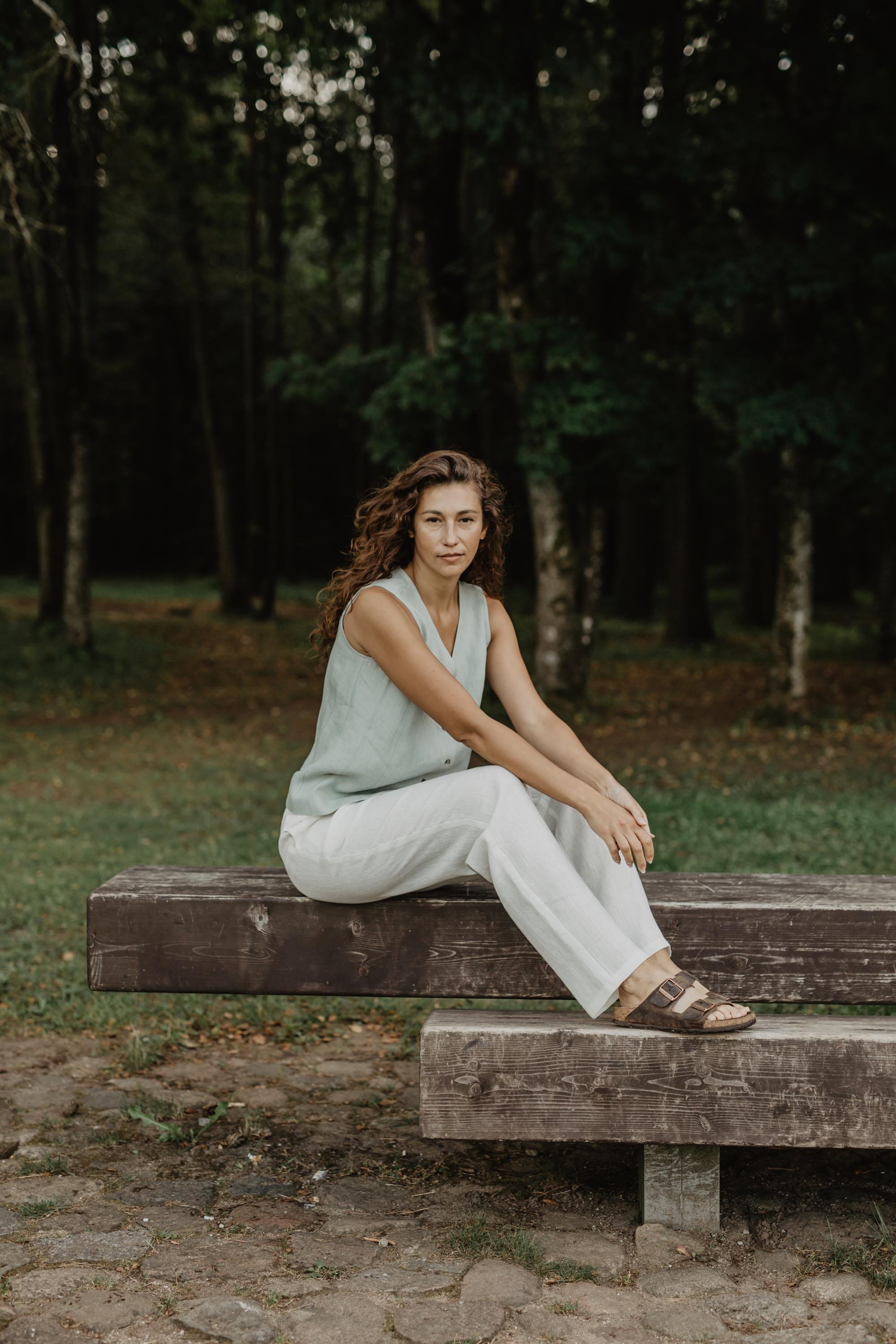 Tunis linen button vest top in Sage Green