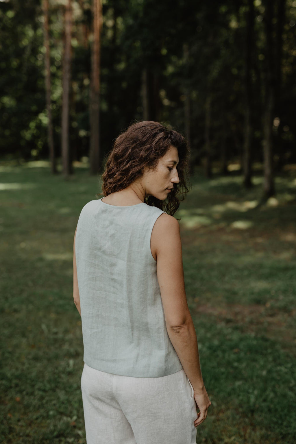 Tunis linen button vest top in Sage Green