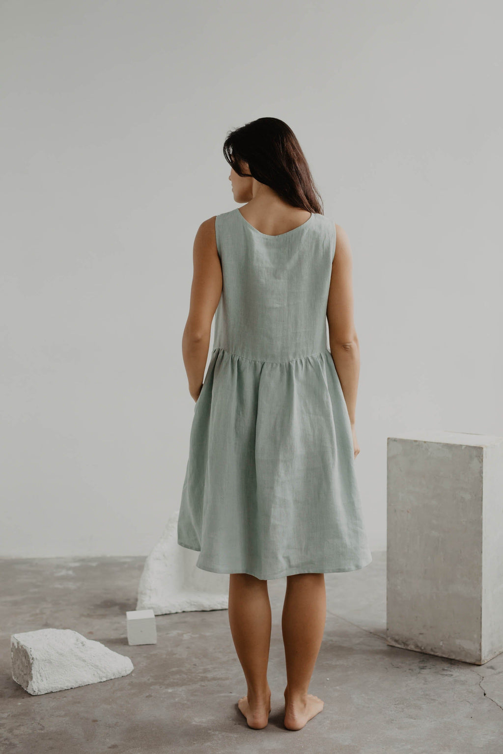 Hazel linen sleeveless summer dress in Sage Green