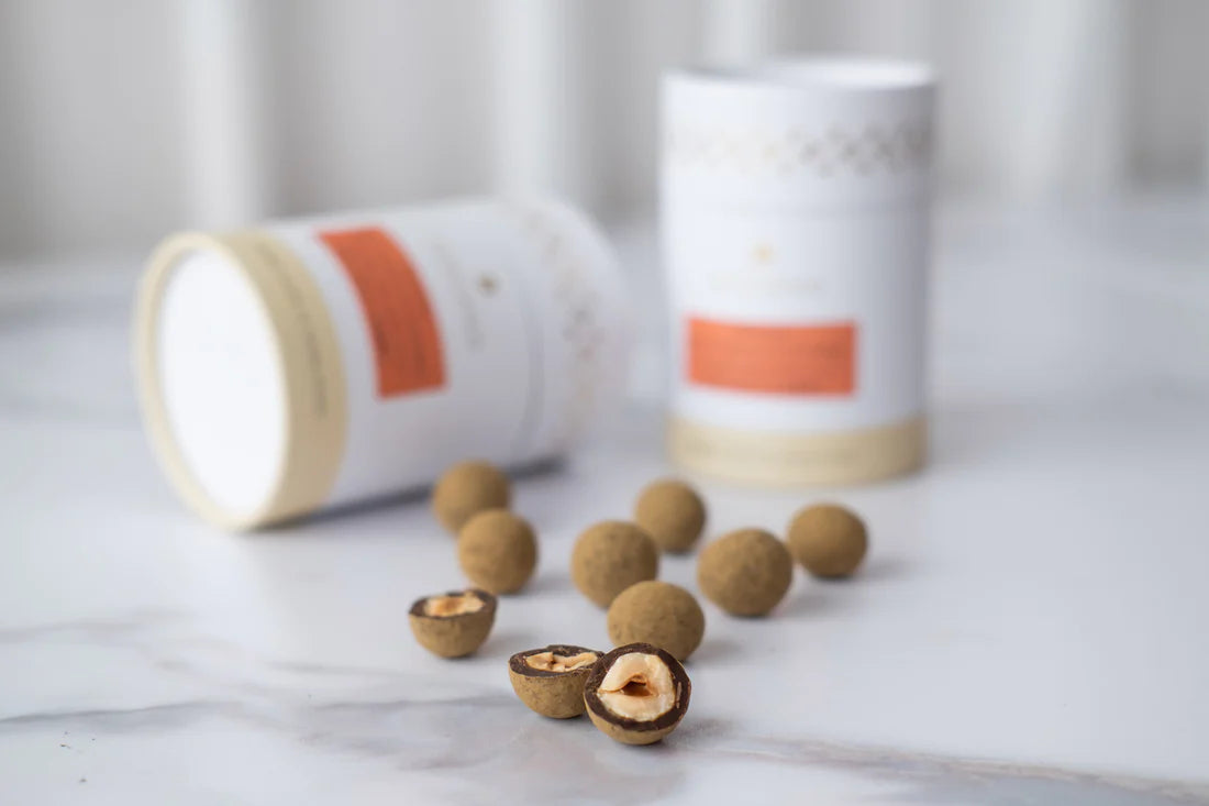 Hojicha Milk Chocolate  - Covered Caramelized Hazelnuts 100g