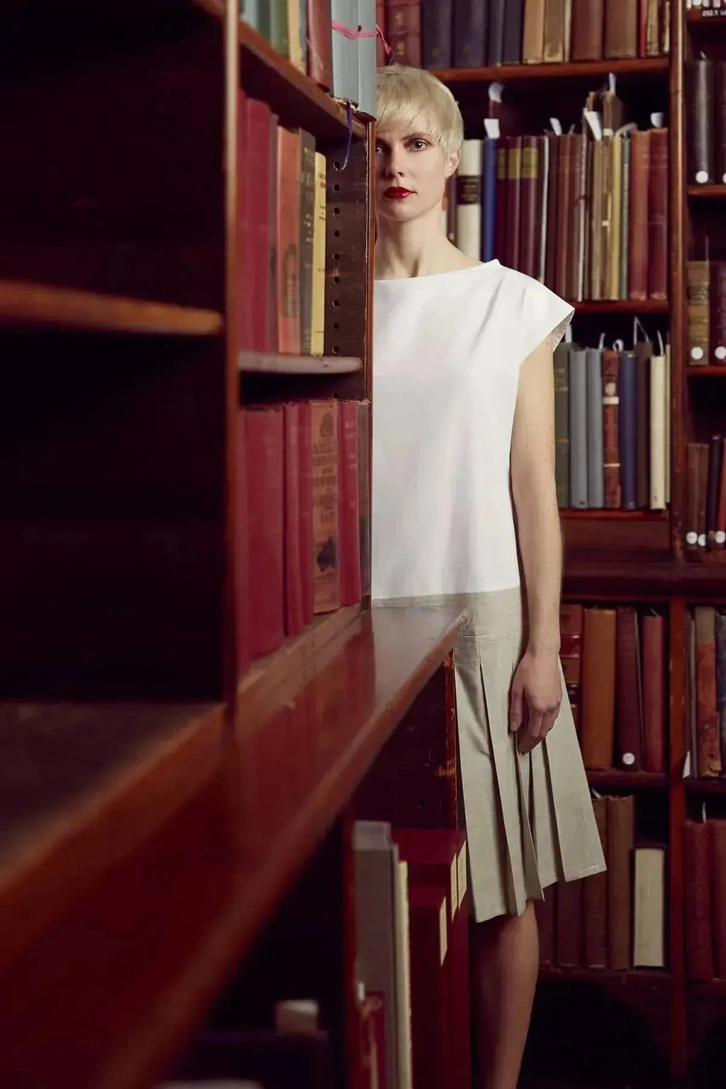 Brigit Dress (White & Beige)