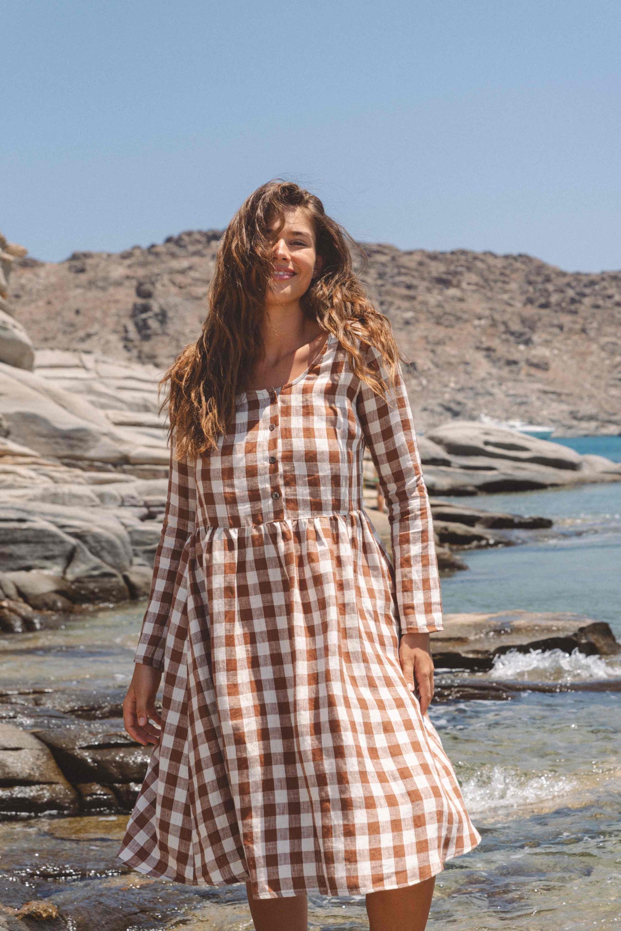Lapland mid length linen dress in Mocha Gingham