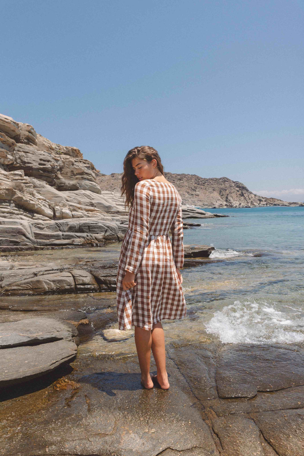Lapland mid length linen dress in Mocha Gingham