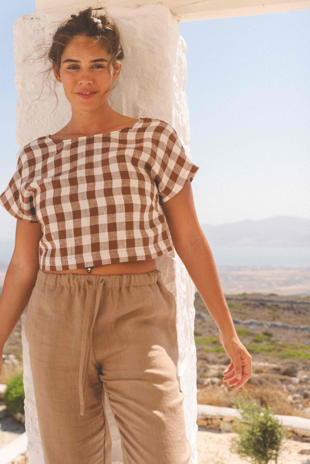 Lisa linen crop top in Mocha Gingham