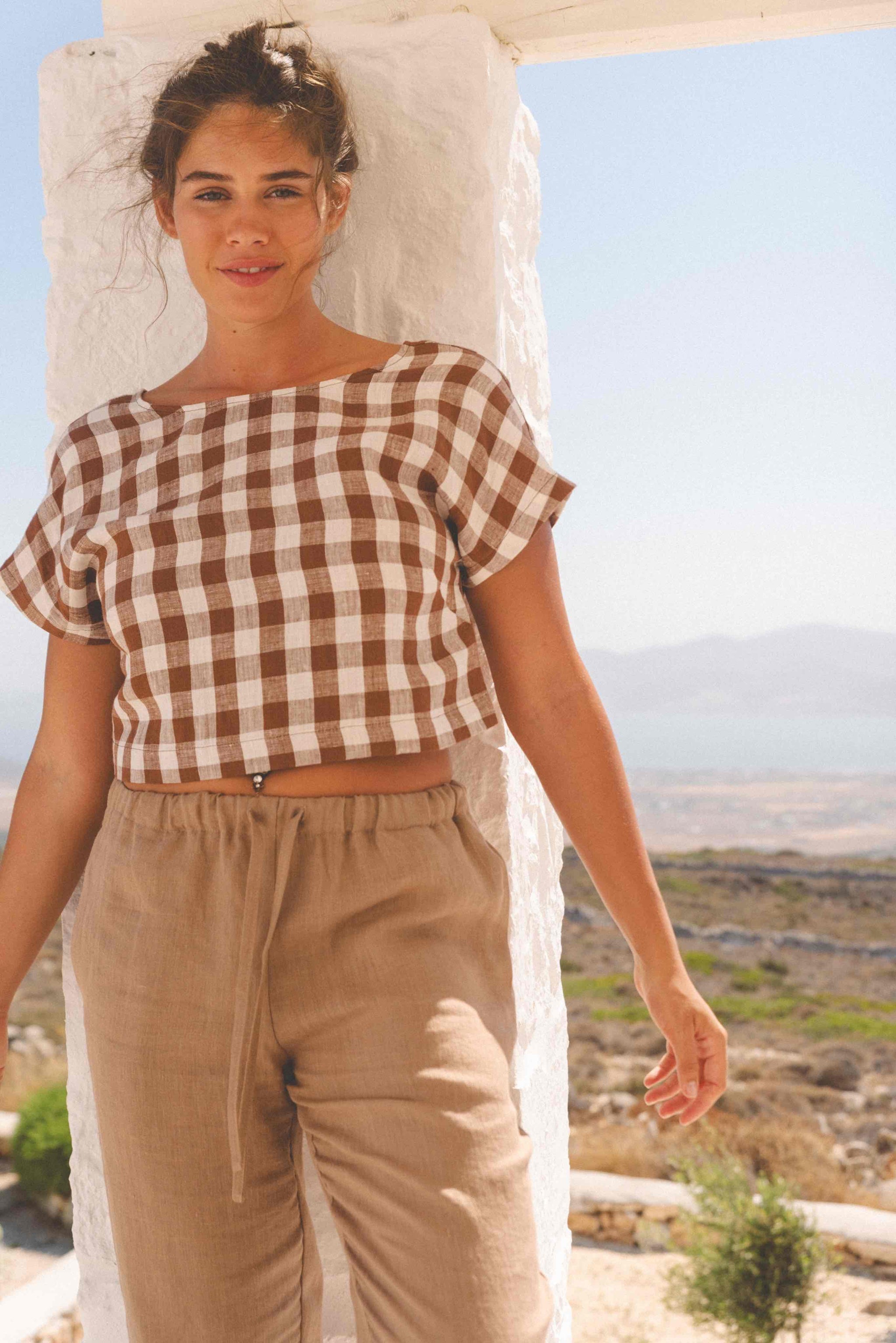 Lisa linen crop top in Mocha Gingham