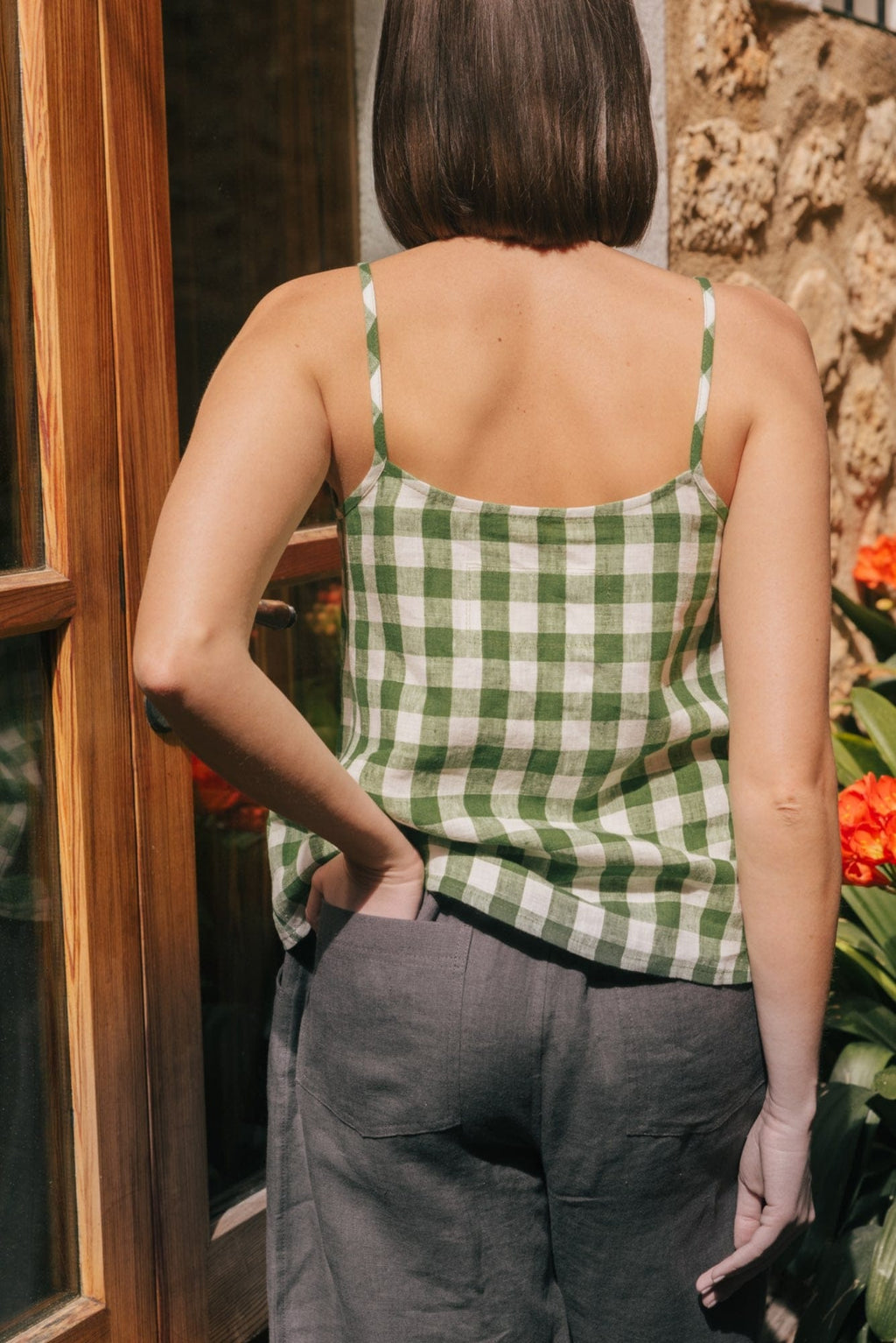Hilo sleeveless linen top in Green Gingham