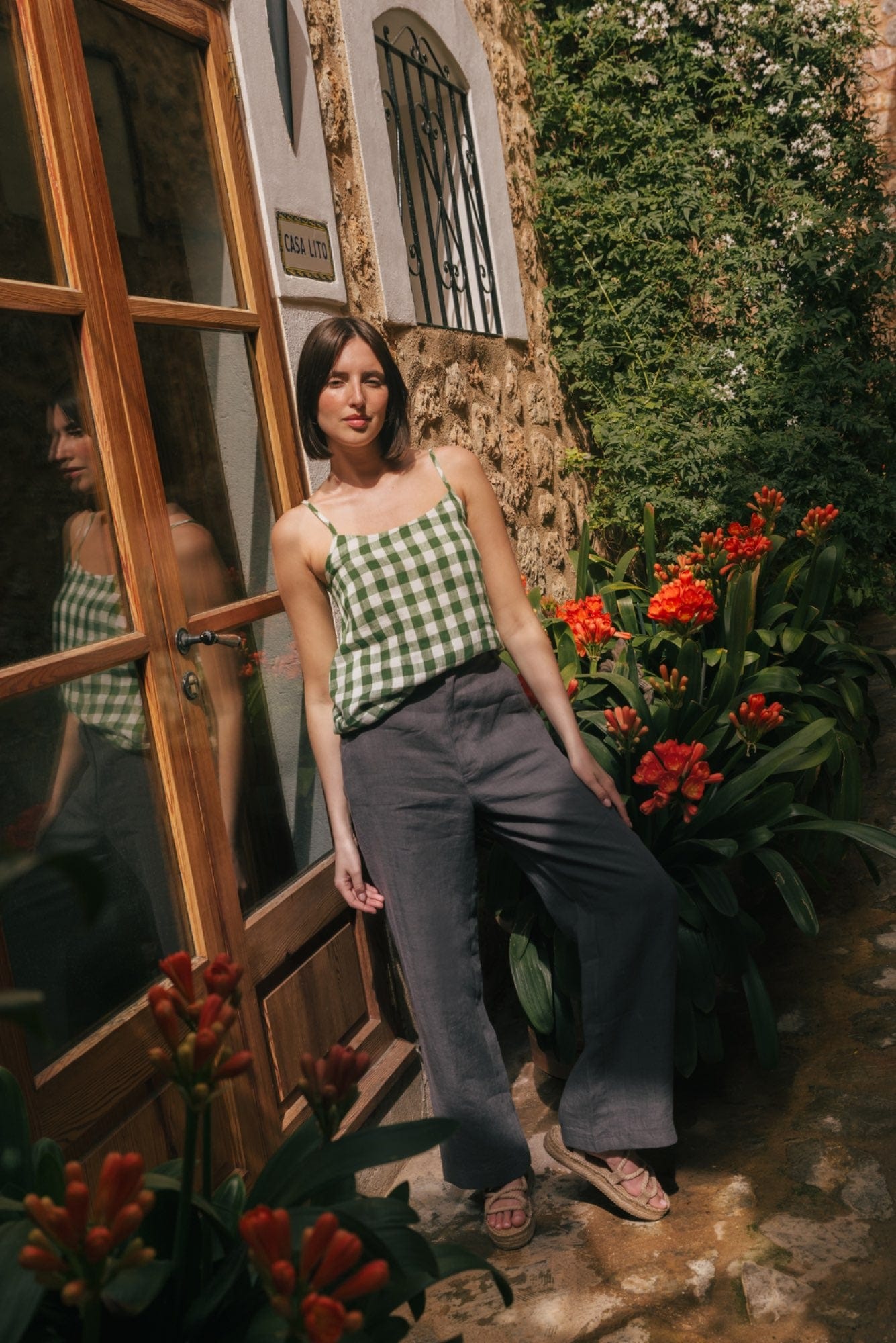 Hilo sleeveless linen top in Green Gingham