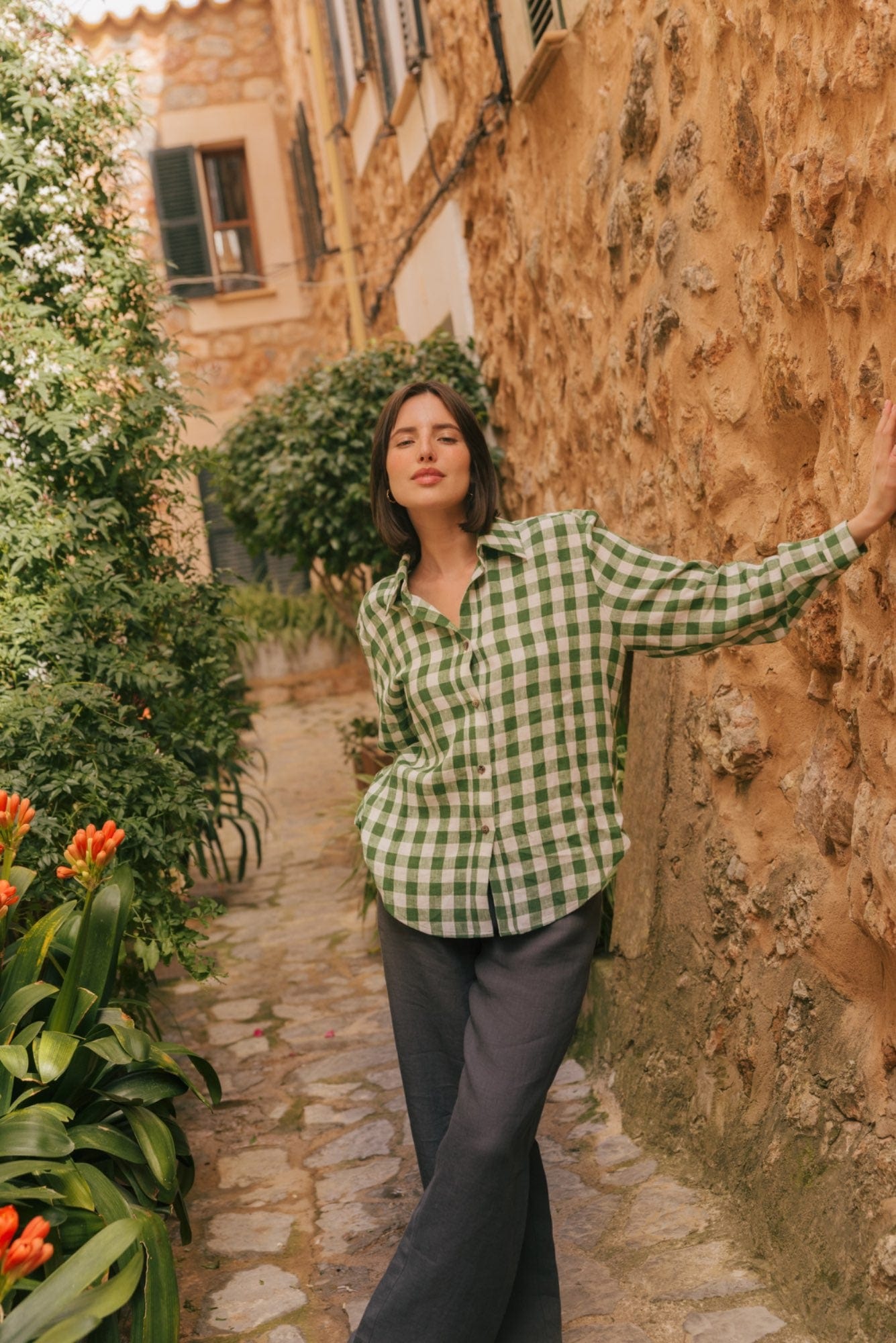 Odense casual linen shirt in Green Gingham