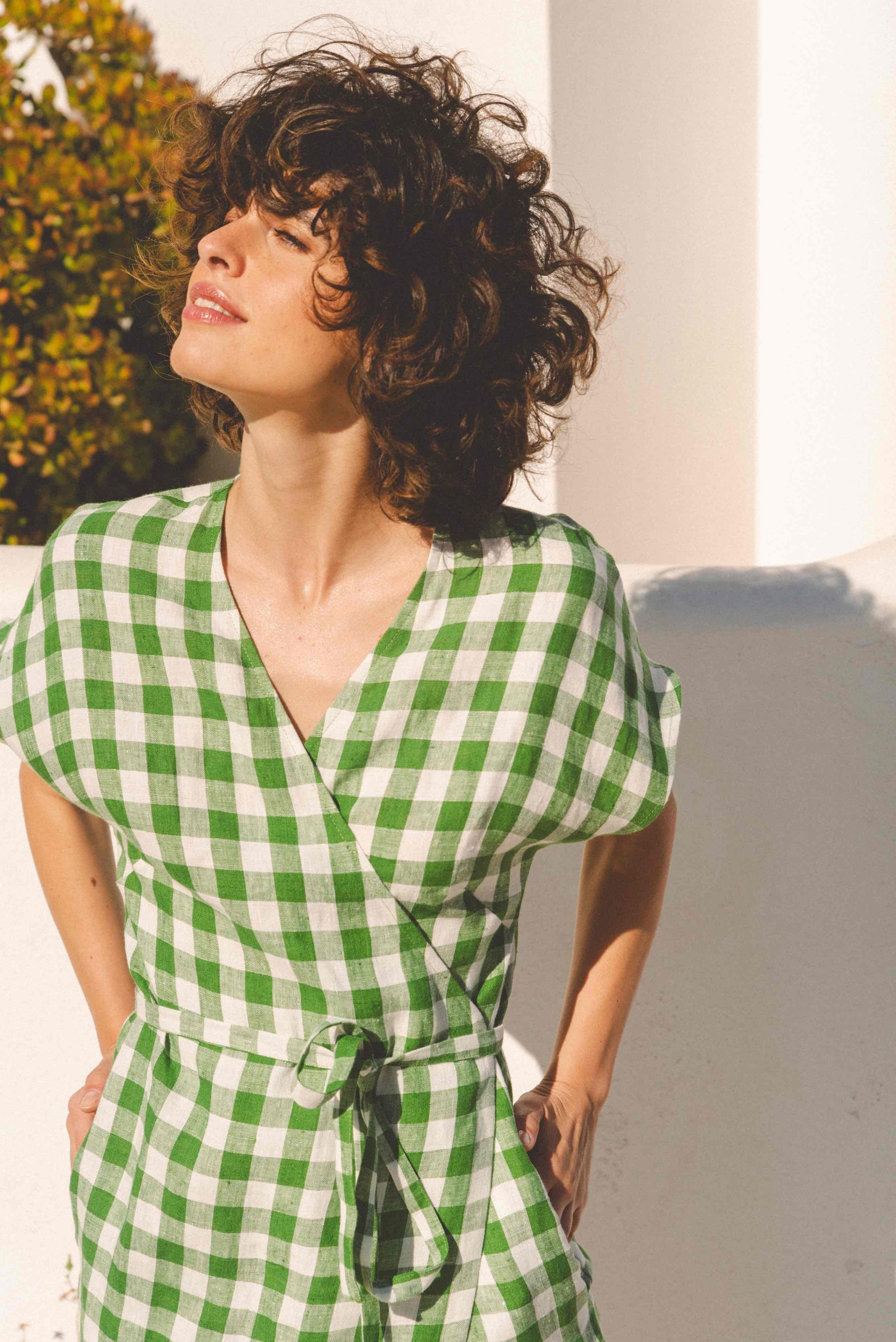 Olivia linen wrap dress in Green Gingham