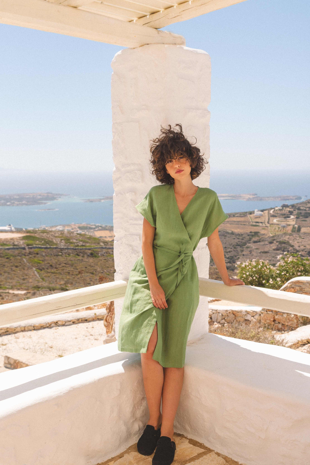 Rome linen wrap dress in Matcha Green
