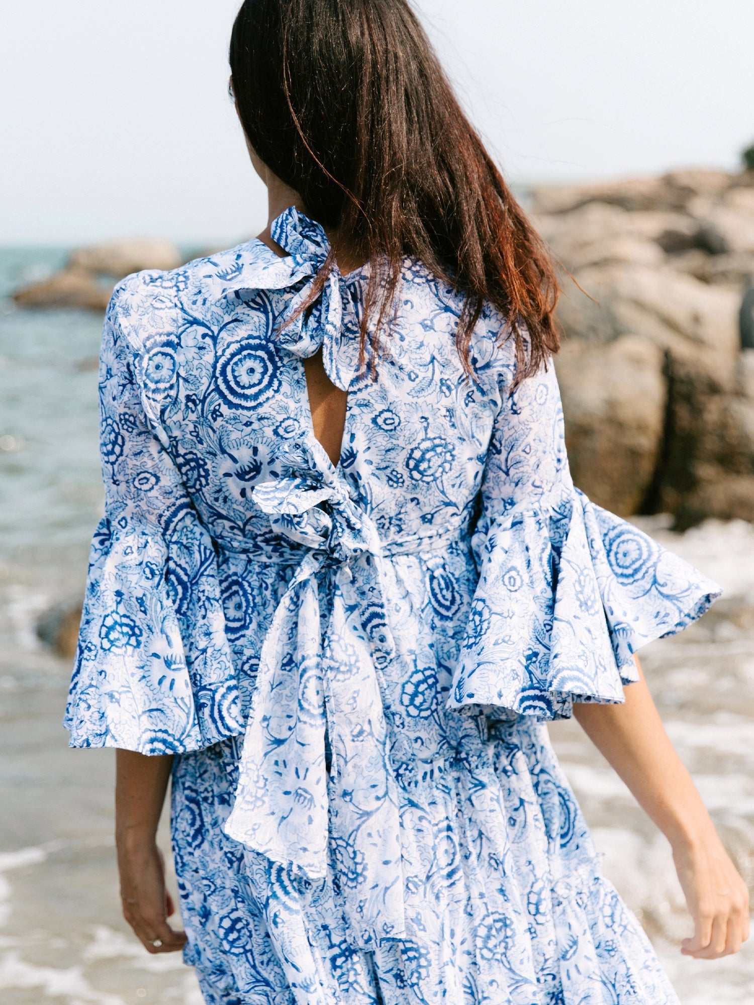 Block Printed Women's Dress - Blue Floral