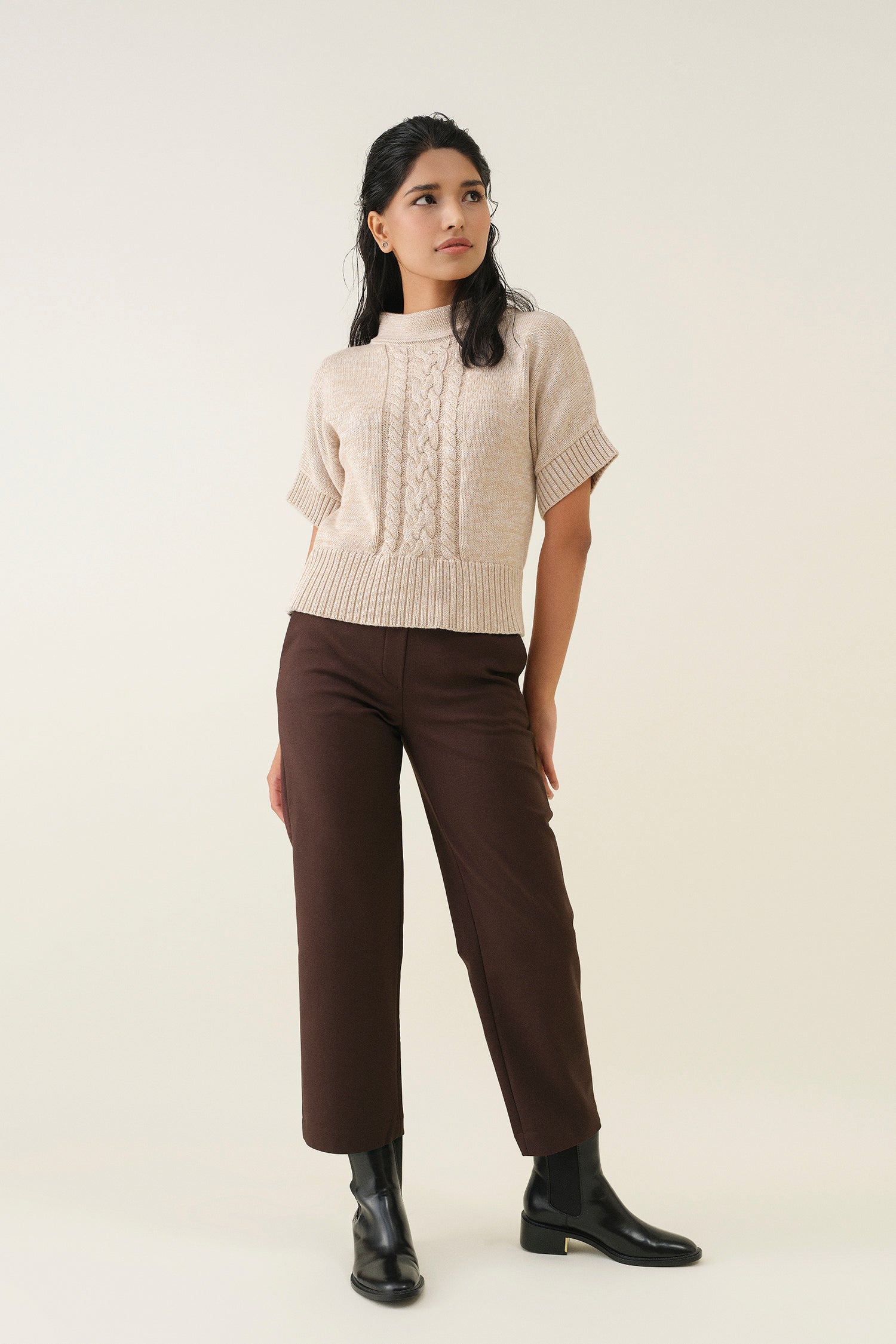 Mock Neck Cable Pullover - Almond