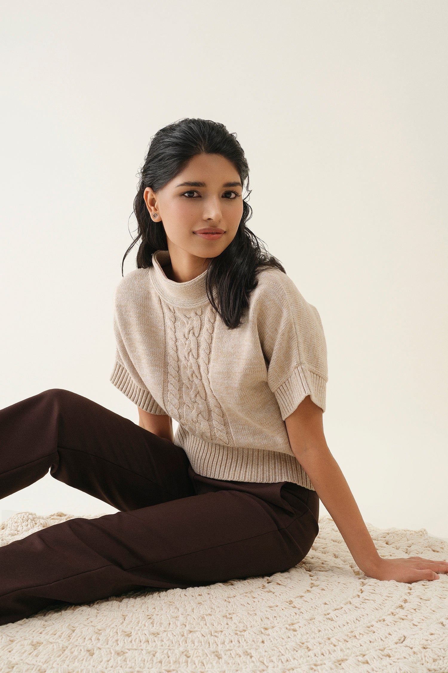 Mock Neck Cable Pullover - Almond