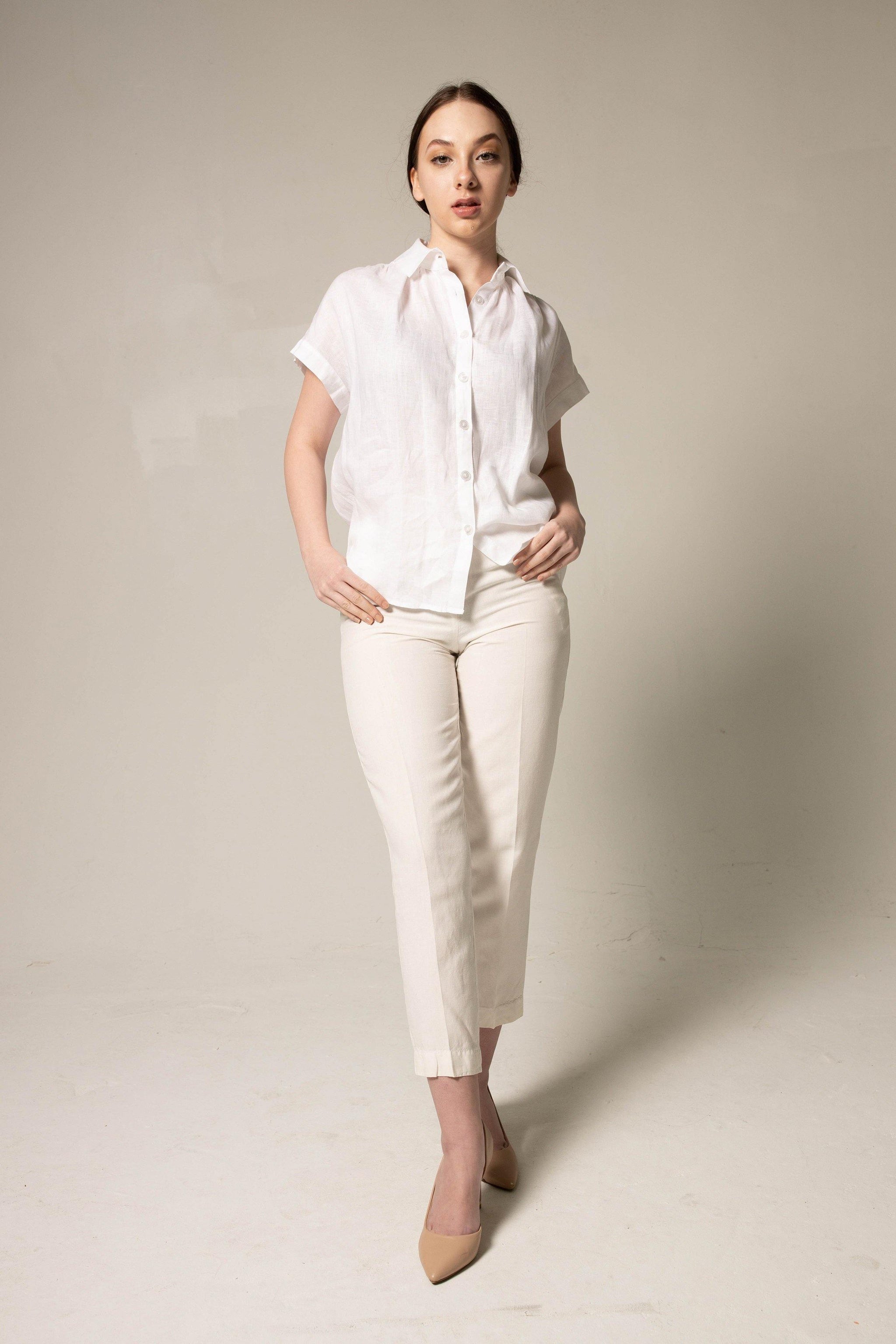 Classic Linen White Blouse â€?Women's Elegant Linen Top