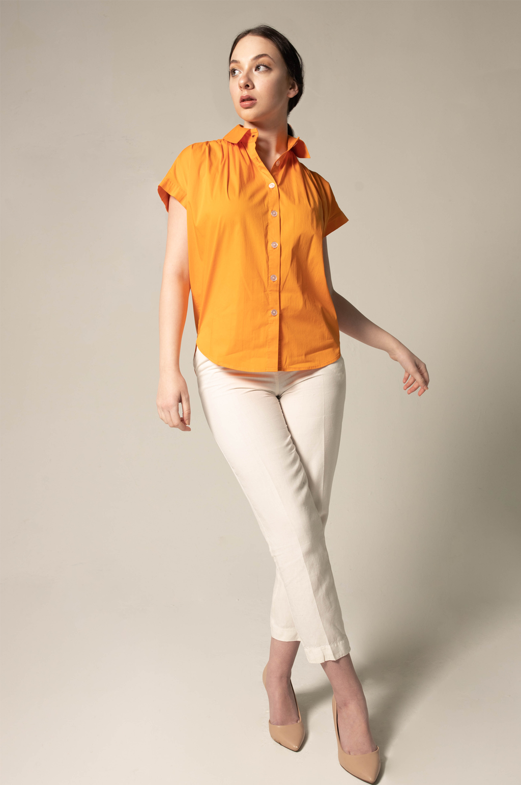 Womens Gather Collar Shirt in Orange â€?Stylish Gathered Blouse