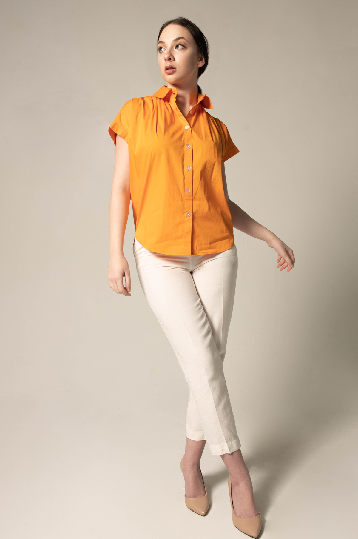 Womens Gather Collar Shirt in Orange â€?Stylish Gathered Blouse