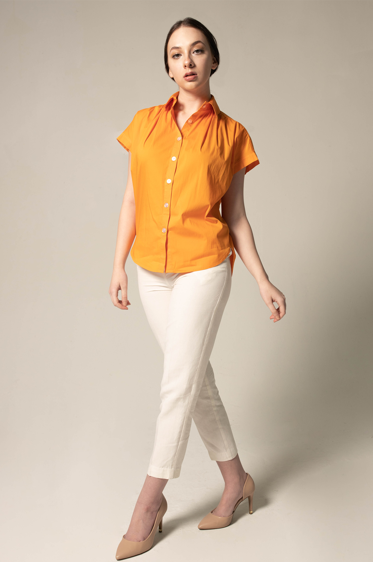Womens Gather Collar Shirt in Orange â€?Stylish Gathered Blouse