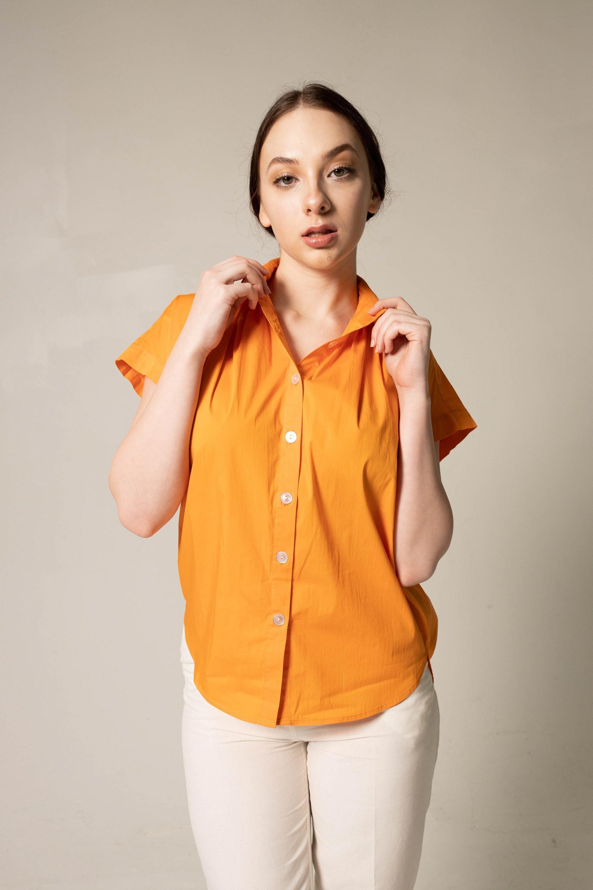 Womens Gather Collar Shirt in Orange â€?Stylish Gathered Blouse
