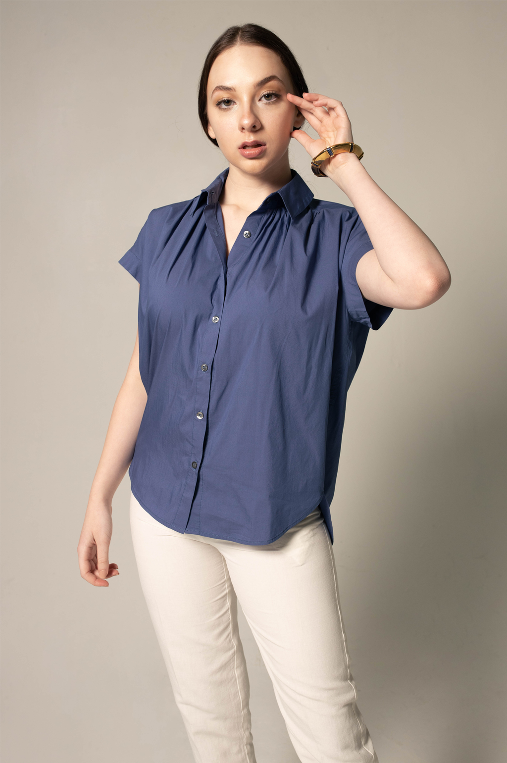 Womens Gather Collar Shirt in Navy â€?Elegant Blouse