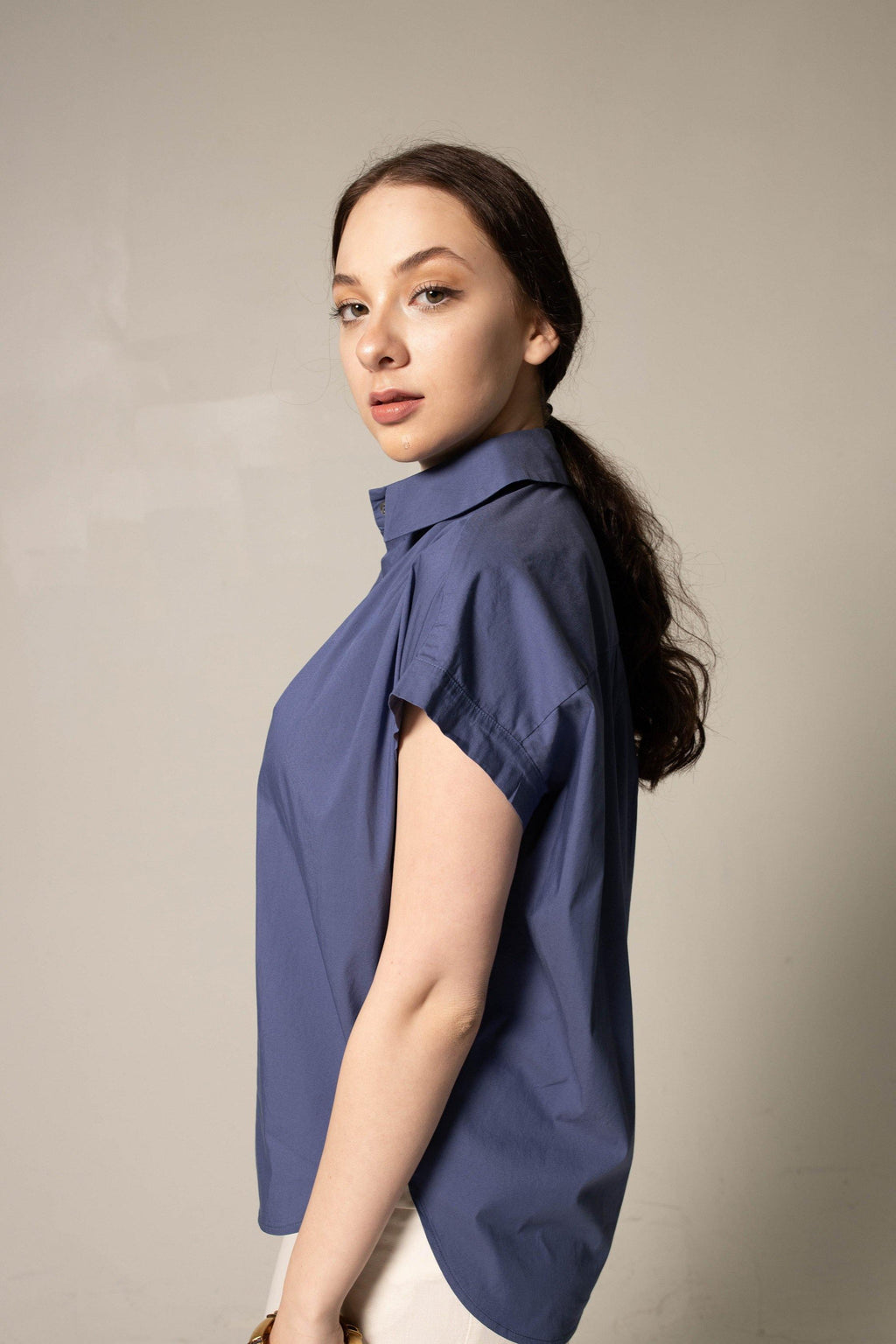 Womens Gather Collar Shirt in Navy â€?Elegant Blouse