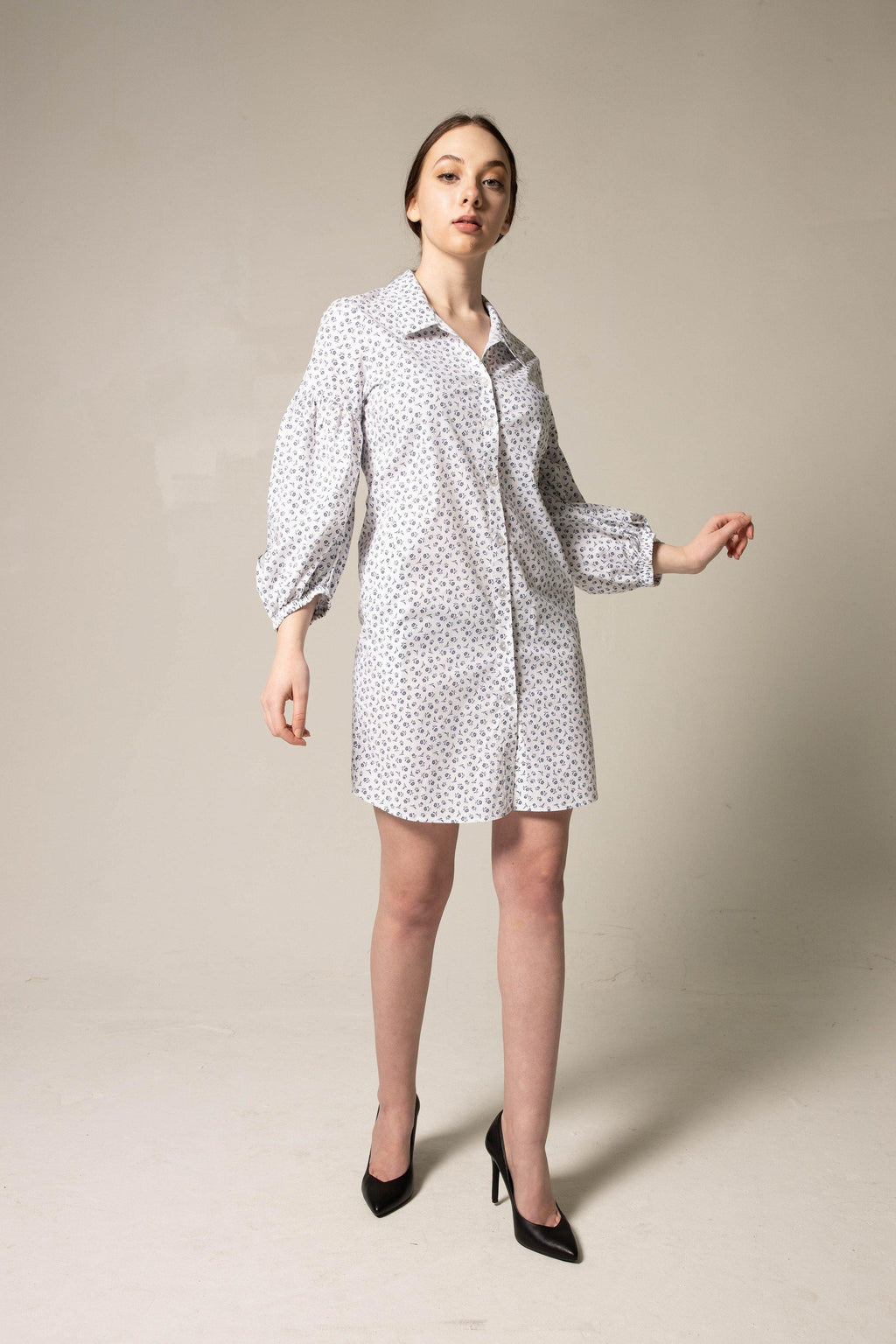 Shirt Dress with Oversized Sleeves in White Floral â€?Summer Dress