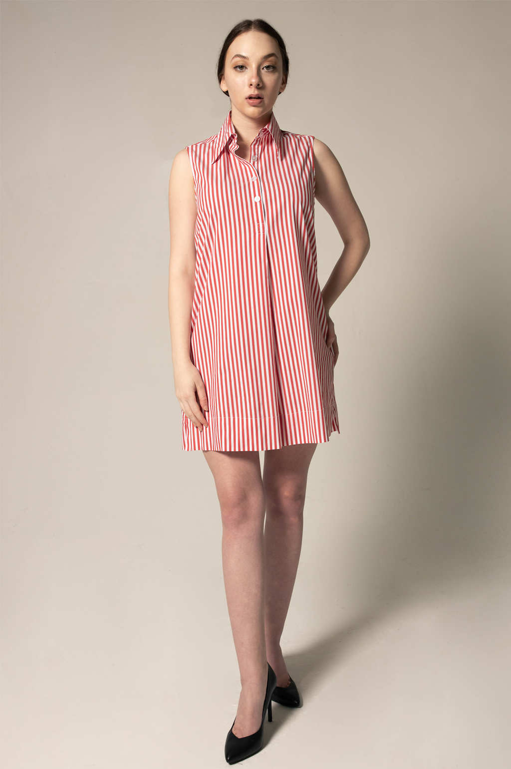 Italian Cotton Red Stripe Sleeveless Dress â€?Elegant Summer Dress