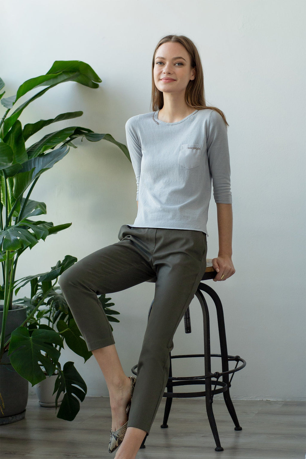 TMR Patch Pocket Embroidered Top - Grey Pearl