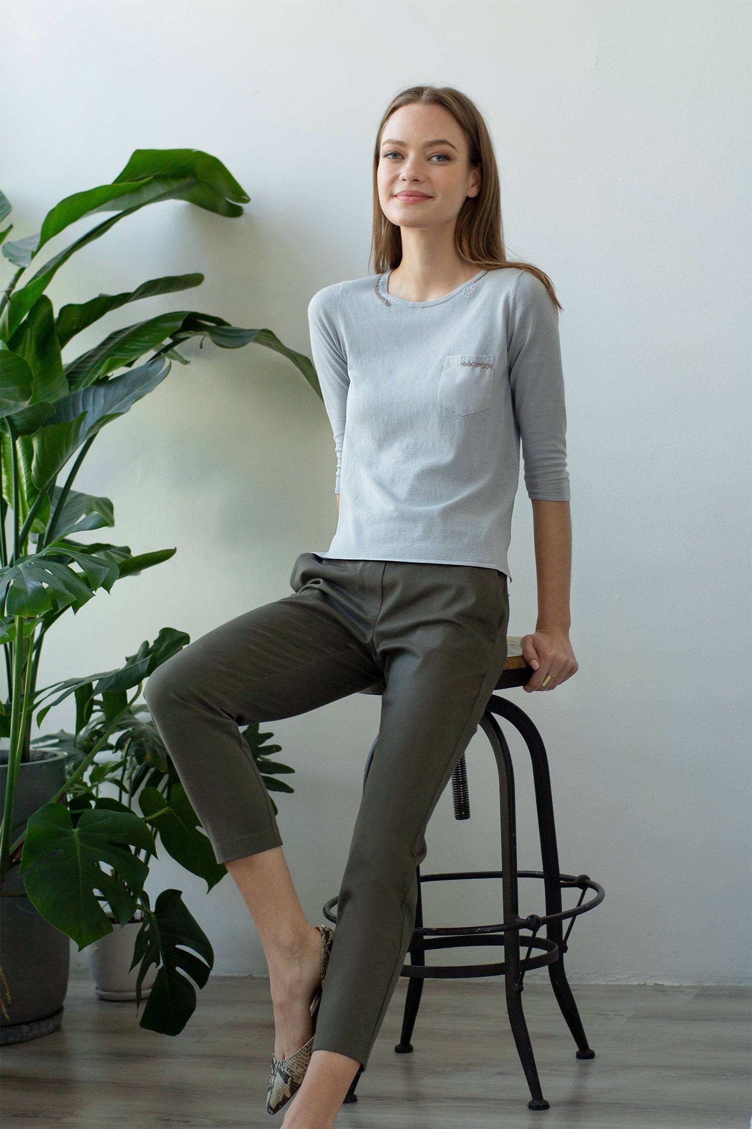 TMR Patch Pocket Embroidered Top - Grey Pearl