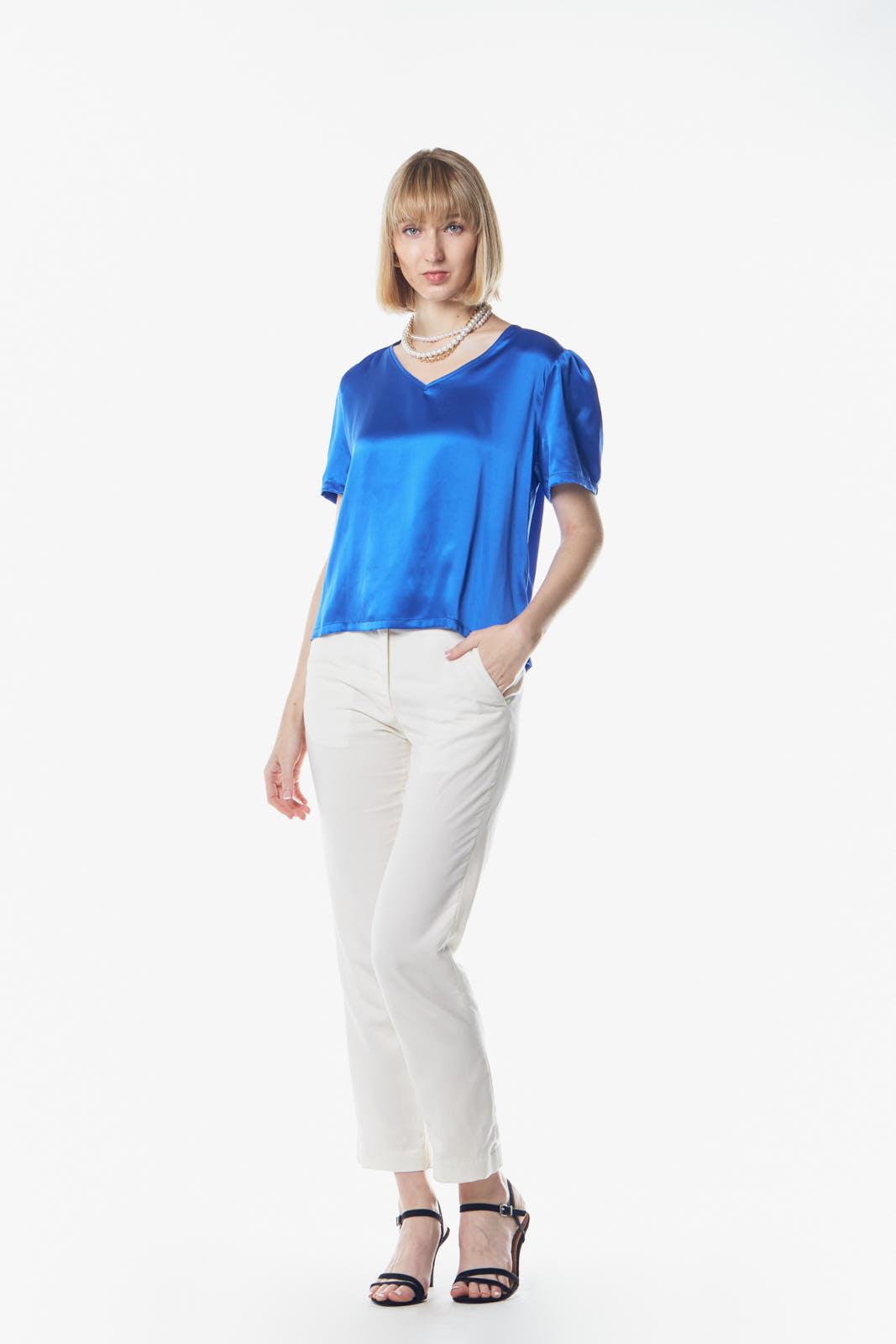 Shining V-Neck Blouse in Blue â€?Women's Elegant V-Neck Top