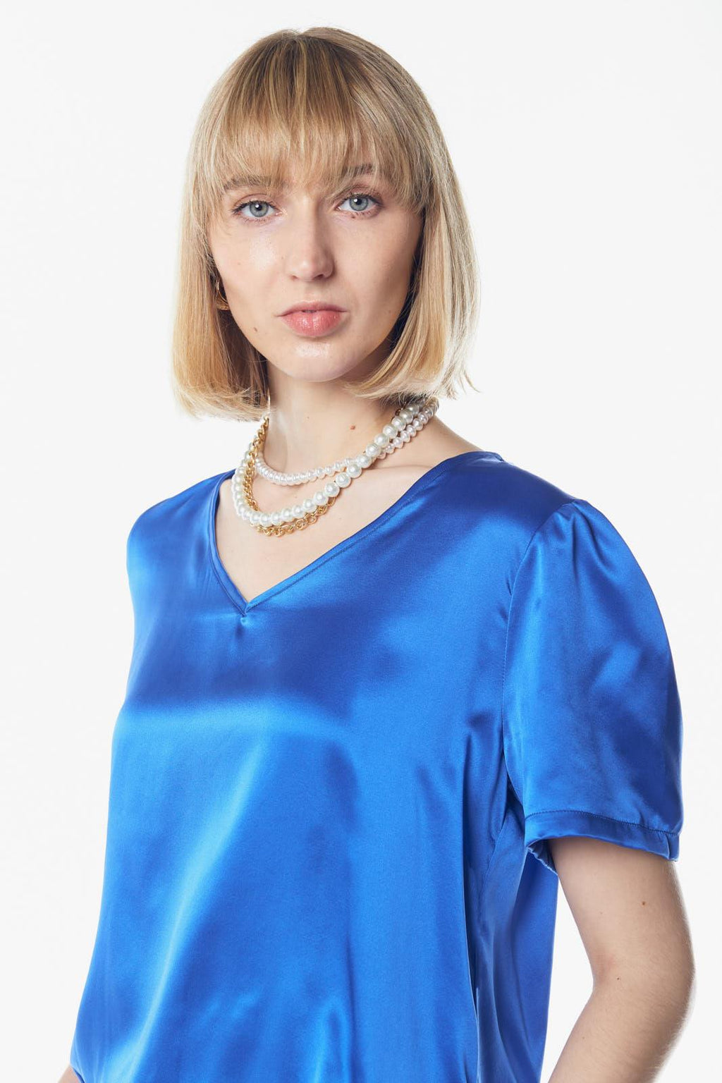 Shining V-Neck Blouse in Blue â€?Women's Elegant V-Neck Top