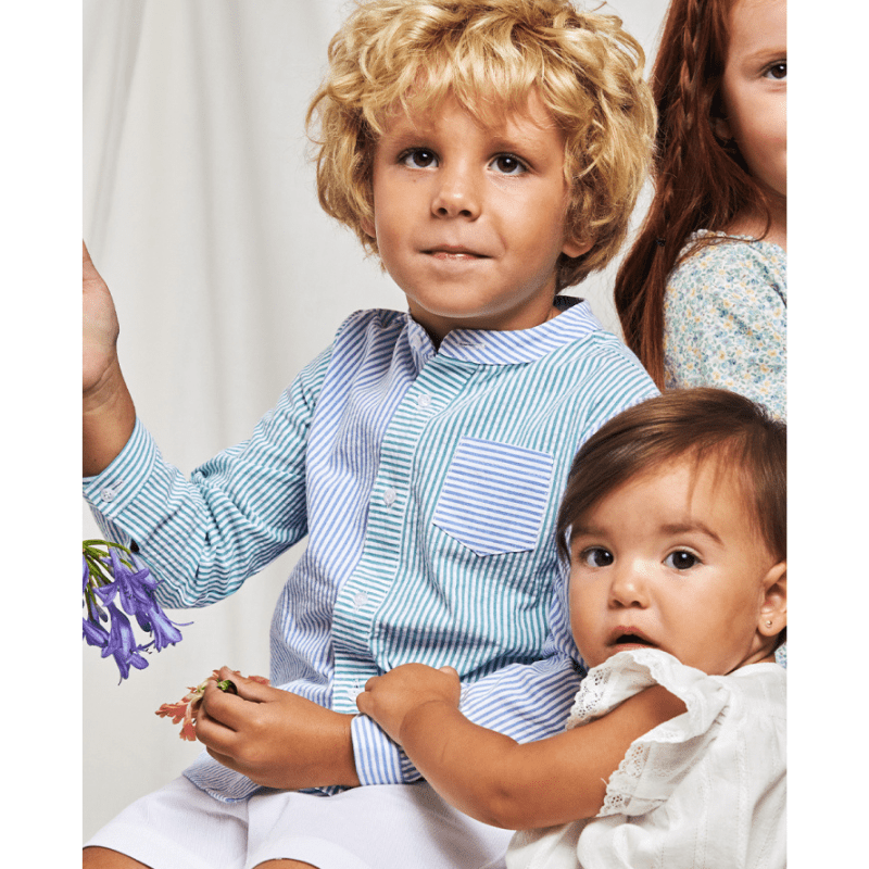 Two-Colour Shirt With Green And Blue Seersucker Stripes