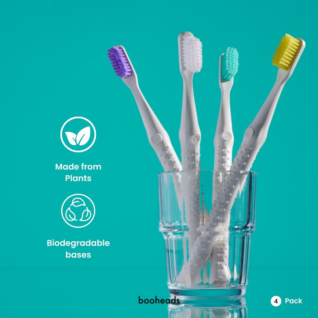 booheads - 4PK - Biodegradable Eco Toothbrushes | Biodegradable, Recyclable and Plant-based