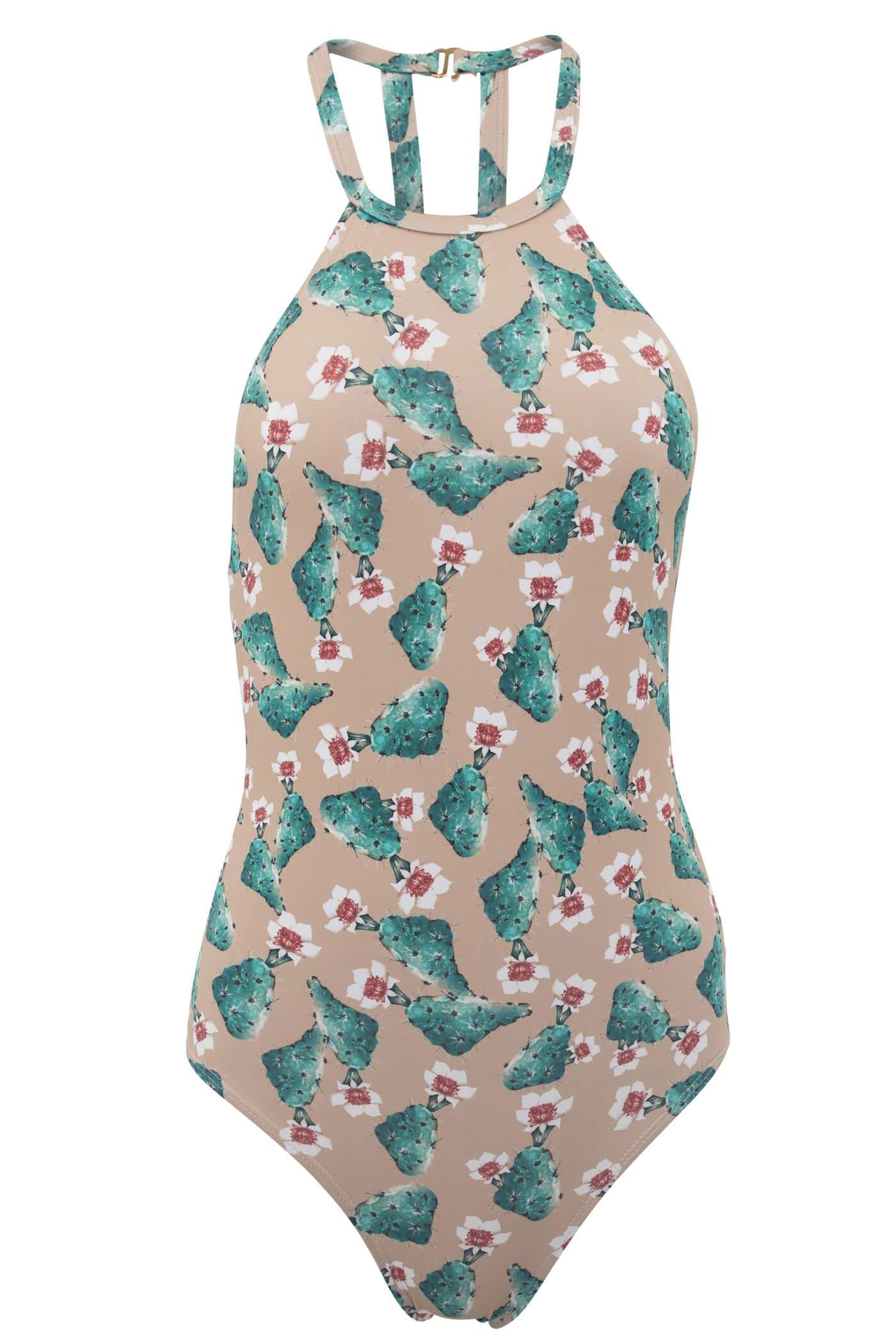 Denise - High Neck One Piece Swimsuit in Cactus Print