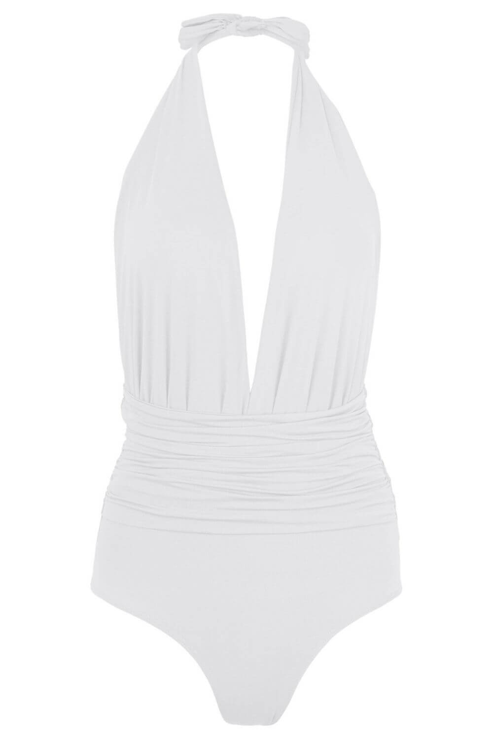 Eva White Halter Deep Plunge One Piece Swimsuit