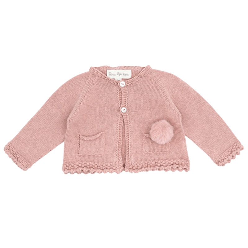 Merino Wool Knitted Cotton Cardigan Eco Fur Pom Pom