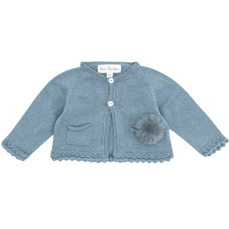 Merino Wool Knitted Cotton Cardigan Eco Fur Pom Pom